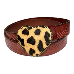 Leopard Heart Buckle Western Chevron Embossed Leather Belt Brown Calf Hair Boho